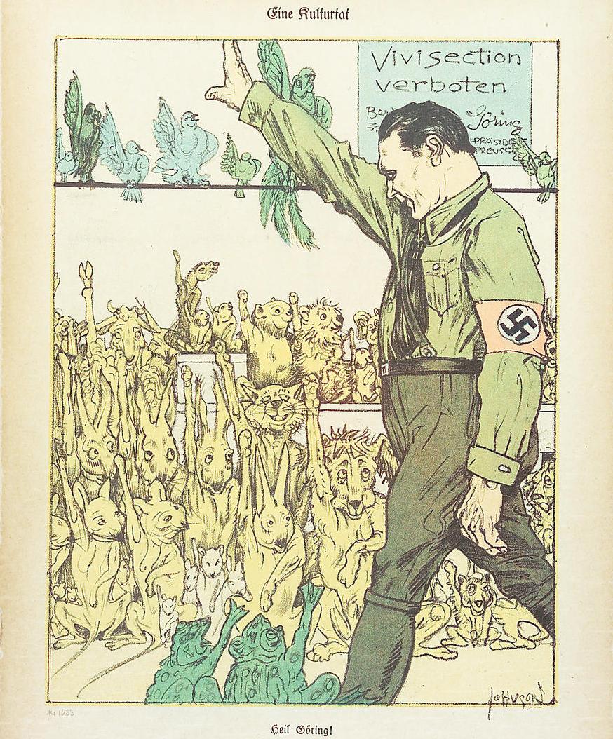 Hermann Göring gets a big "Sieg Heil" from all the lab animals he freed.