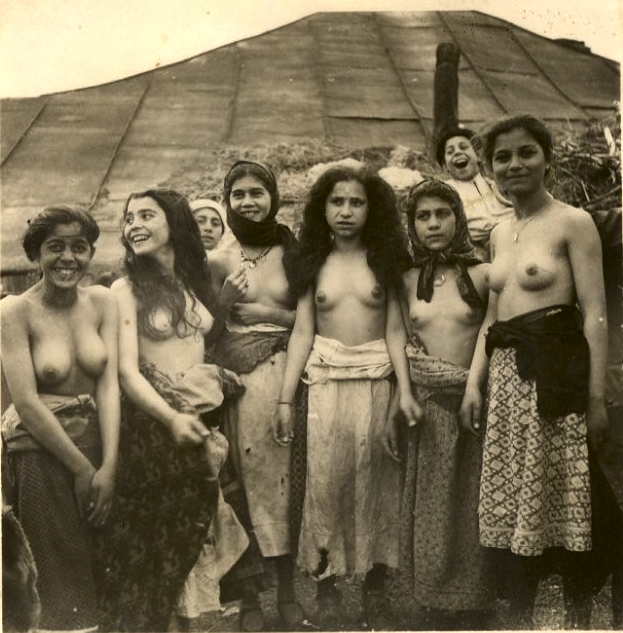 Gypsies do not take much 'grooming' to become prostitutes, as they are pretty well born that way. This is a picture of allegedly 'exploited' gypsy girls in Hungary during WWII. Interestingly, they all look pretty happy about this 'exploitation.'
