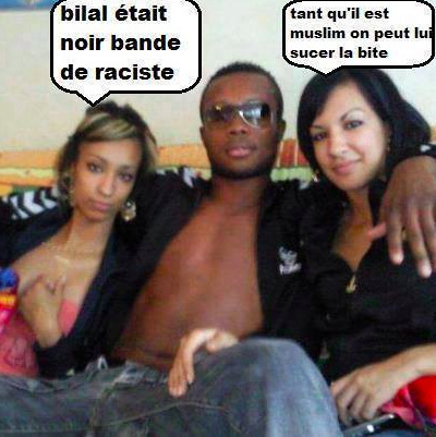 Girl on the left: "Bilal was black, you racists." Girl on the right: "As long as he’s Muslim, we can suck his dick."