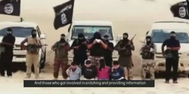 Terrorists from Ansar Bayt al-Maqdis reading out death sentences to four Egyptian men before their beheadings.