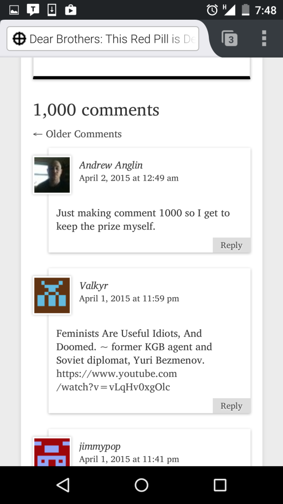 After winning his own contest, Neo-Nazi Andrew Anglin, who is afraid of women, posted this screenshot with the caption "hahahahahahahaaha u feggets ima keep this priceless jewshade! ROFLMAO"