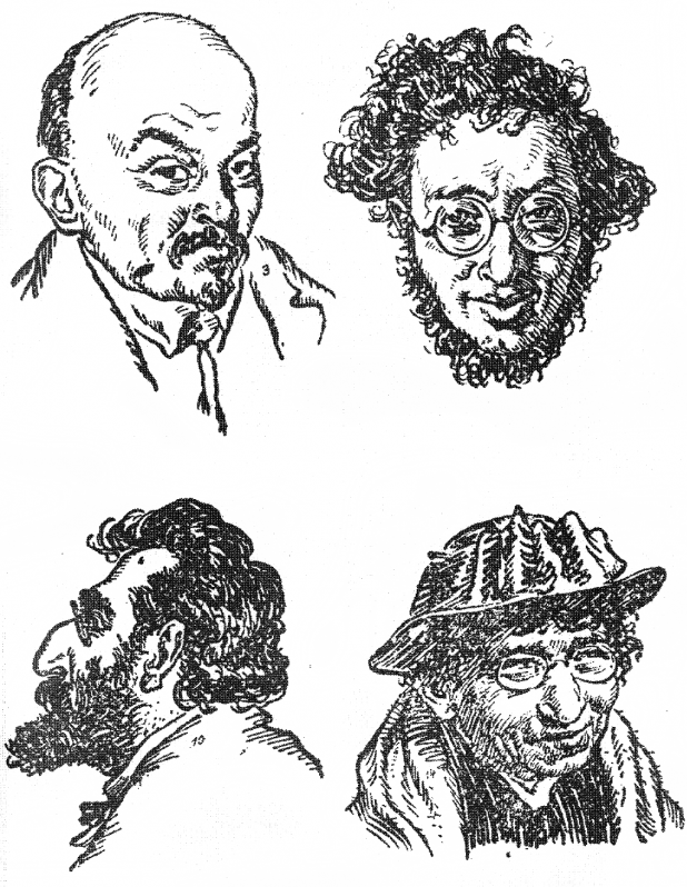 Vladimir Lenin, Karl Radek, Julius Martov, and Emma Goldman. Caricatures of Bolshevik leaders from Alfred Rosenberg's The Jewish Bolshevism