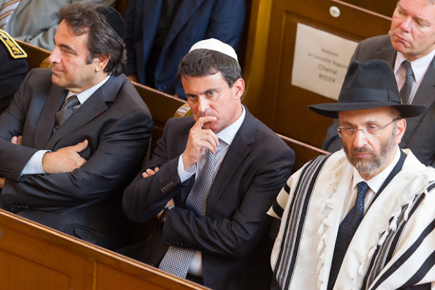 France's Interior minister Manuel Valls and Chief rabbi of France Gilles Bernheim and Joel Mergui President of the central Consistaury inaugurate of the Big Synagogue of Mulhouse and reveals a commemorative tablet further to the fire.Mulhouse East of France the 2/09/2012