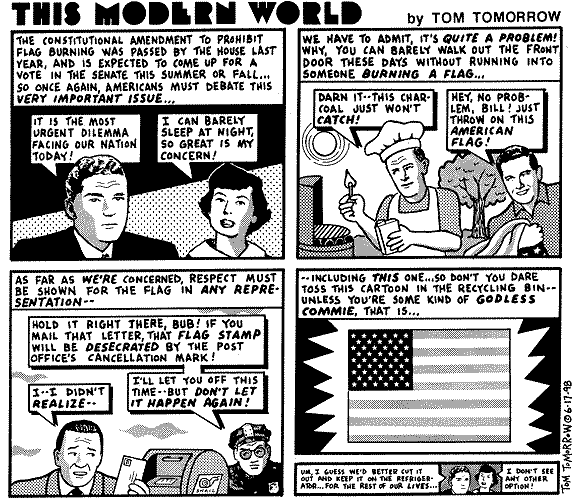 Snarky Tom Tomorrow cartoon about the Anti Flag Burning Amendment.