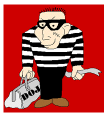 Thief with Department of Justice 
on his satchel.