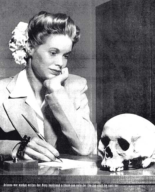 Less than a year after this picture appeared in LIFE, Americans were murdering hundreds of thousands of innocent Japanese women and children with napalm and eventually, nuclear bombs. Is there a connection to this picture and others like it? If not, why not? Isn't dehumanizing the intended victim, one of the first steps to murdering him, or her.